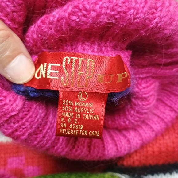 Vintage Mohair Turtle Neck Sweater Geometric Colorful 80s Sweater Tunic Large - Picture 4 of 7